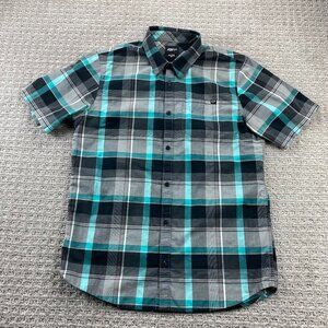 FOX Polo Shirt Men Medium M Gray Green Black Plaid Button Up Casual Foxhead
